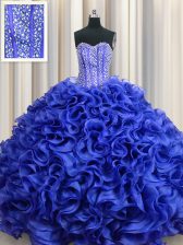 New Style Visible Boning Royal Blue Organza Lace Up Sweet 16 Quinceanera Dress Sleeveless Floor Length Beading and Ruffles