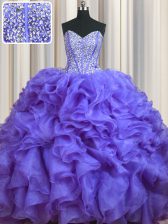  Bling-bling Sweetheart Sleeveless Quinceanera Dress With Brush Train Beading and Ruffles Lavender Organza