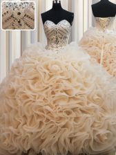 Dazzling Champagne Fabric With Rolling Flowers Lace Up Sweetheart Sleeveless Sweet 16 Dress Brush Train Beading
