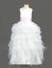 Custom Made Scoop White Sleeveless Floor Length Ruffled Layers Zipper Flower Girl Dresses