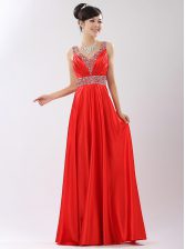  Coral Red Sleeveless Satin Zipper Prom Dresses for Prom and Party