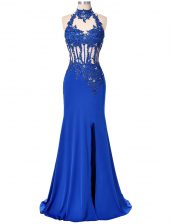  High-neck Sleeveless Backless Dress for Prom Royal Blue Elastic Woven Satin