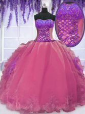  Hot Pink Strapless Neckline Embroidery and Ruffles Sweet 16 Quinceanera Dress Sleeveless Lace Up