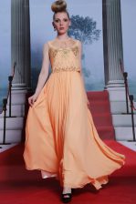 Lovely Orange Chiffon Side Zipper High-neck Sleeveless Floor Length Dress for Prom Beading and Appliques