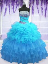  Sleeveless Organza Floor Length Lace Up Ball Gown Prom Dress in Aqua Blue with Beading and Ruffled Layers and Pick Ups