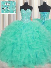 High Quality Sleeveless Organza Floor Length Lace Up Ball Gown Prom Dress in Turquoise with Beading and Ruffles