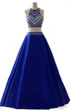  A-line Prom Party Dress Royal Blue Scoop Chiffon Sleeveless Floor Length Zipper