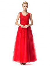 Hot Selling Floor Length Red Homecoming Dress Tulle Sleeveless Beading and Appliques