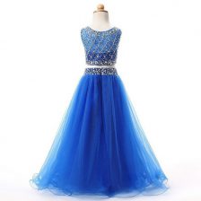 Modern Scoop Blue Two Pieces Beading Flower Girl Dress Lace Up Organza Sleeveless Floor Length