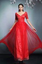  Red V-neck Neckline Sequins Dress for Prom Short Sleeves Zipper
