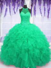 Modest Turquoise Lace Up Sweet 16 Dress Beading and Ruffles Sleeveless Floor Length
