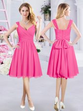 Simple Straps Sleeveless Vestidos de Damas Knee Length Ruching and Belt Hot Pink Chiffon