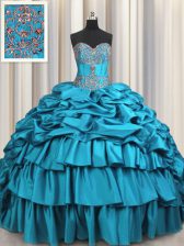 Fashionable Taffeta Sleeveless Vestidos de Quinceanera Brush Train and Beading and Embroidery and Ruffled Layers and Pick Ups