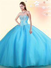  Baby Blue Ball Gowns Beading Quinceanera Dress Lace Up Tulle Sleeveless Floor Length