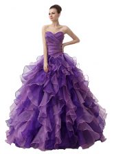  Floor Length Lace Up Vestidos de Quinceanera Purple for Military Ball and Sweet 16 and Quinceanera with Beading and Ruffles and Ruching