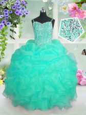 Amazing Floor Length Turquoise Little Girl Pageant Gowns Organza Sleeveless Beading and Ruffles and Pick Ups