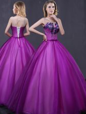 High End Floor Length Purple Quince Ball Gowns Scoop Sleeveless Lace Up