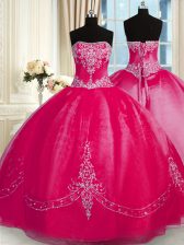 Comfortable Coral Red Organza Lace Up Strapless Sleeveless Floor Length Ball Gown Prom Dress Beading and Embroidery