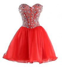  Sleeveless Mini Length Beading Lace Up with Coral Red
