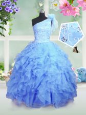 Low Price One Shoulder Sleeveless Organza Floor Length Lace Up Child Pageant Dress in Baby Blue with Beading and Ruffles