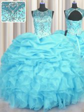 Nice See Through Aqua Blue Ball Gowns Scoop Sleeveless Organza Floor Length Lace Up Beading and Ruffles and Pick Ups Quinceanera Dresses