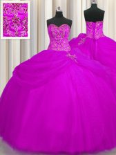  Fuchsia Tulle Lace Up Sweetheart Sleeveless Floor Length Quince Ball Gowns Beading