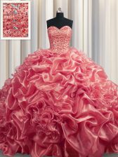  Sweetheart Sleeveless Sweet 16 Dress With Train Court Train Beading and Pick Ups Watermelon Red Organza