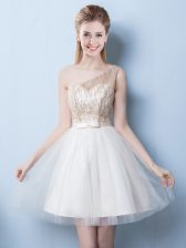 High Quality One Shoulder Champagne Sleeveless Sequins and Bowknot Mini Length Quinceanera Court of Honor Dress
