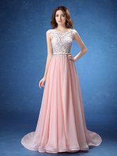 Fashion Scoop Baby Pink Sleeveless Chiffon Brush Train Zipper Dress for Prom for Prom and Party