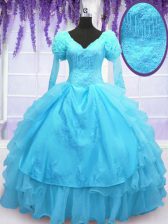  Baby Blue V-neck Lace Up Embroidery Sweet 16 Dress Long Sleeves