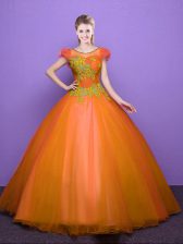 Super Scoop Short Sleeves Lace Up 15 Quinceanera Dress Orange Tulle