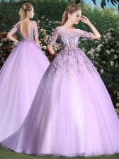 Stunning Scoop Backless With Train Lilac Sweet 16 Dresses Tulle Brush Train Short Sleeves Appliques