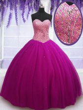 Smart Fuchsia Tulle Lace Up Sweetheart Sleeveless Floor Length Sweet 16 Dress Beading