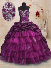 Custom Fit With Train Purple 15 Quinceanera Dress Organza and Taffeta Sweep Train Sleeveless Beading and Appliques and Ruffles and Pick Ups