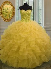 Cheap Gold Sweet 16 Quinceanera Dress Military Ball and Sweet 16 and Quinceanera with Beading and Ruffles Sweetheart Sleeveless Lace Up