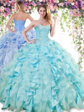 Fashionable Baby Blue Lace Up Quinceanera Dress Ruffles Sleeveless Floor Length