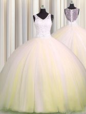 Noble Zipple Up Brush Train V Neck Light Yellow Ball Gowns Beading and Appliques Sweet 16 Quinceanera Dress Zipper Tulle Sleeveless