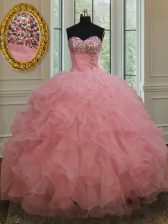  Sleeveless Beading and Ruffles and Sequins Lace Up Vestidos de Quinceanera with Baby Pink