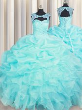  Scoop Sleeveless 15 Quinceanera Dress Floor Length Beading and Pick Ups Aqua Blue Organza