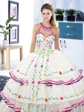 Exquisite Ruffled Halter Top Sleeveless Lace Up Sweet 16 Dress White Organza and Taffeta