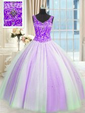  Sleeveless Floor Length Beading and Sequins Lace Up Sweet 16 Dress with White And Purple