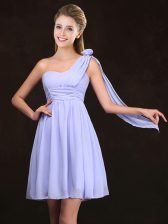 Vintage Lavender Empire One Shoulder Sleeveless Chiffon Mini Length Zipper Ruching and Hand Made Flower Court Dresses for Sweet 16