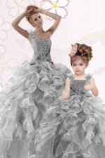  One Shoulder Grey Organza Lace Up Ball Gown Prom Dress Sleeveless Floor Length Beading and Ruffles