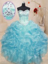 Exceptional Sleeveless Floor Length Beading and Ruffles Lace Up Ball Gown Prom Dress with Aqua Blue