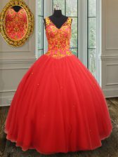 Trendy Rust Red Ball Gowns Organza V-neck Sleeveless Beading and Appliques Floor Length Zipper Sweet 16 Dresses