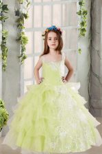 High End Light Yellow Lace Up Square Lace and Ruffled Layers Little Girl Pageant Dress Organza Sleeveless