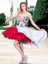  White And Red Zipper Prom Party Dress Embroidery and Ruffles Sleeveless Mini Length