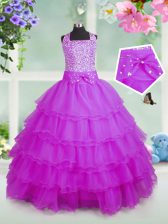  Ruffled Rose Pink Sleeveless Organza Zipper Girls Pageant Dresses for Party and Wedding Party