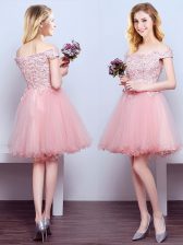 Comfortable Pink Off The Shoulder Lace Up Beading and Lace Vestidos de Damas Sleeveless