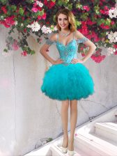 Noble Off the Shoulder Teal Sleeveless Tulle Lace Up Prom Evening Gown for Prom and Party
